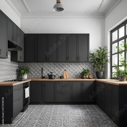 Modern Dark Kitchen Interior with Patterned Tiles and Plants