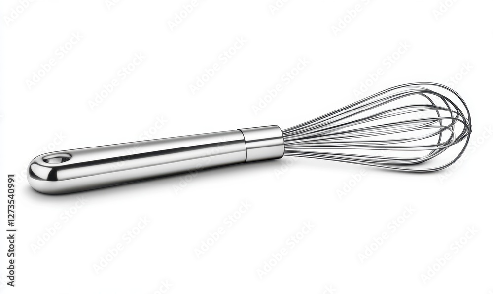Stainless steel whisk on a white background, ideal for cooking and baking purposes Stainless steel whisk on a white background, ideal for cooking and baking purposes