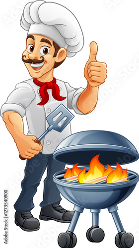 A chef cartoon barbecue cook out brazier cook man giving thumbs up and holding a BBQ spatula mascot character illustration