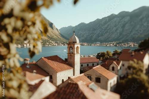 Scenic tower, red roofs & bay view on sunny day. Tourism brochure material