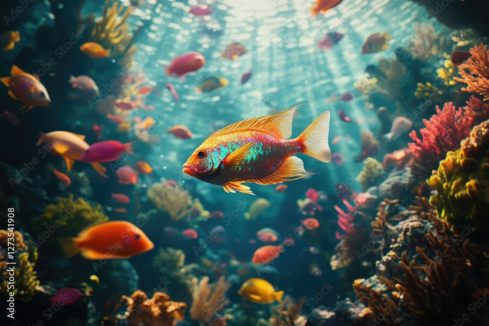 Fototapeta premium Vibrant coral reef teeming with diverse colorful fish, sunlit underwater scene.
