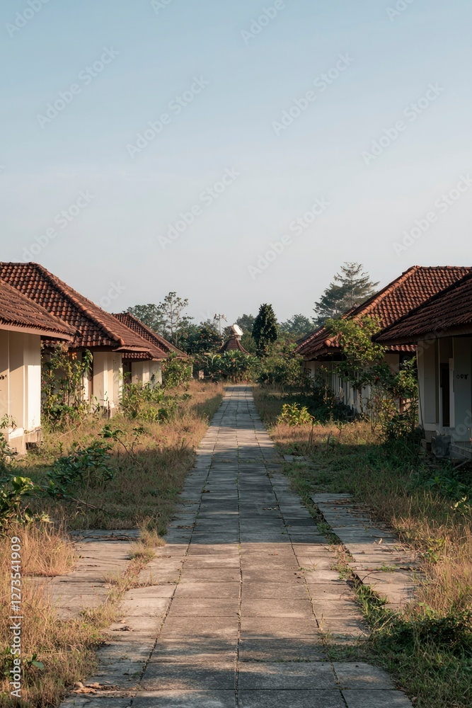 Abandoned houses line the pathway under a clear sky, ideal for urban exploration Abandoned houses line the pathway under a clear sky, ideal for urban exploration