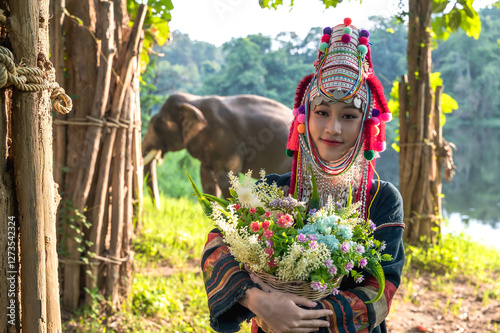 Tableau sur toile Young pretty hilltribe woman in traditional Akha tribal clothing holding flowers