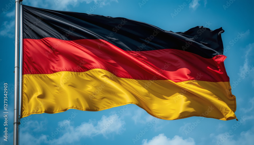 German flag in motion, wind blowing black, red, and yellow stripes with bold contrasts and fluid movement German flag in motion, wind blowing black, red, and yellow stripes with bold contrasts and fluid movement