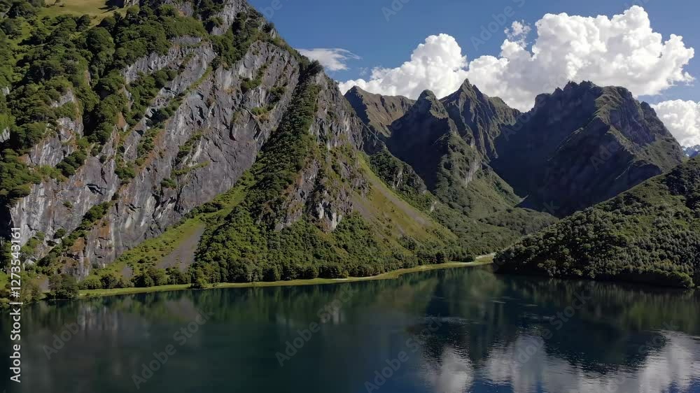 Aerial video showcasing a vast landscape with mountains, a winding river, and lush greenery under a blue sky, captured from a high angle. Aerial video showcasing a vast landscape with mountains, a winding river, and lush greenery under a blue sky, captured from a high angle.