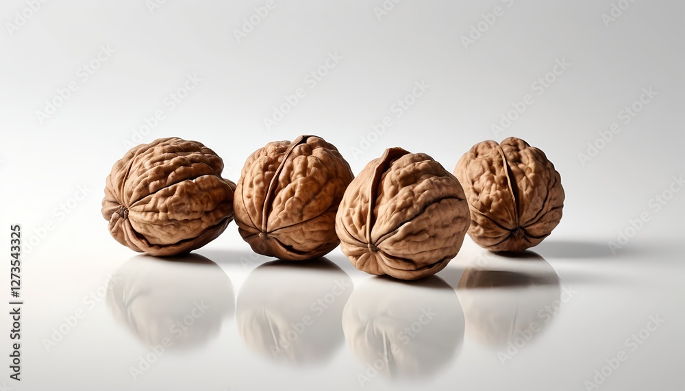 Four Walnuts in a Row on White Background Four Walnuts in a Row on White Background