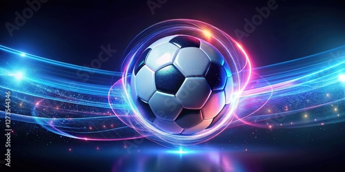 Futuristic neon illuminated soccer ball suspended in mid-air with swirling LED lights and digital effects, neon