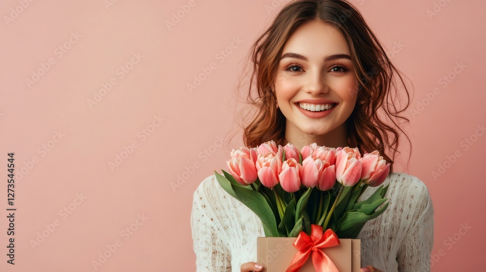 Beautiful smiling woman holding bouquet of pink tulips in gift box on pink background Beautiful smiling woman holding bouquet of pink tulips in gift box on pink background