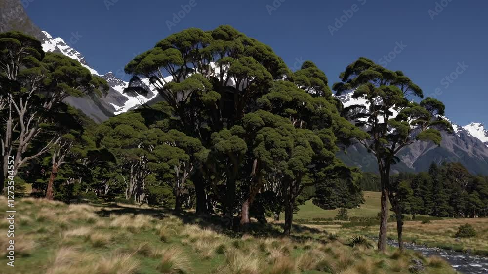 Aerial video captures a stunning landscape of snow-capped mountains and lush green forest, showcasing nature's beauty from a high angle. Aerial video captures a stunning landscape of snow-capped mountains and lush green forest, showcasing nature's beauty from a high angle.