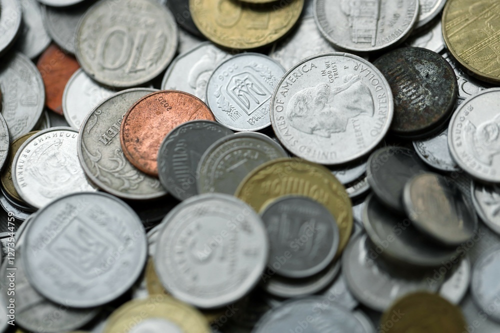 Big pile of different coins from various currencies and different countries around the world. Currency exchange Big pile of different coins from various currencies and different countries around the world. Currency exchange