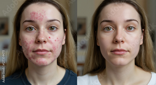 Before and after acne treatment results on young woman's skin. The concept is skincare, dermatology, and beauty transformation. 