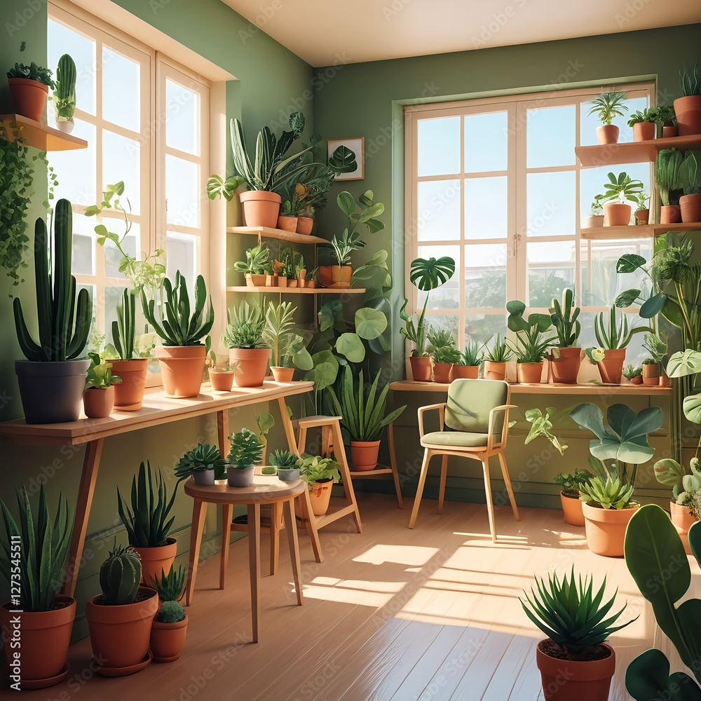 Fototapeta premium Sunlit Indoor Plant Collection in Green Room