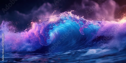 A majestic wave surges in vivid shades of deep blue-purple, infused with subtle hints of pink and purple, creating a dynamic, breathtaking display of oceanic power and beauty photo