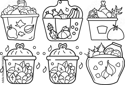 Set of organic rubbish outline coloring book page line art vector illustration