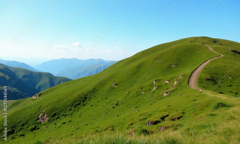A scenic mountain landscape covered in lush green vegetation, with a winding trail leading through the hills and a bright blue sky in the background. A scenic mountain landscape covered in lush green vegetation, with a winding trail leading through the hills and a bright blue sky in the background.