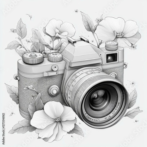 Camera Amidst Floral Beauty Capturing Moments in Time Photographic Art Decorative Composition photo