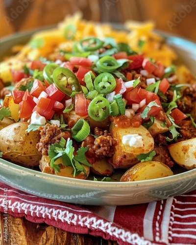 Delicious Potato Nachos Supreme Topped with Fresh Jalapenos Tomatoes and Cheese Indulgence Meal