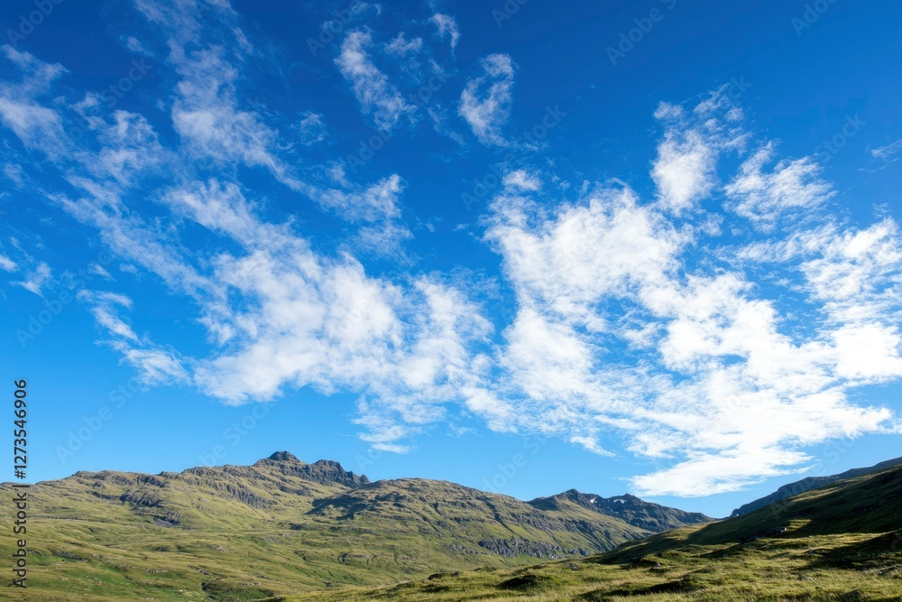 Scenic mountains under clear, blue sky with white clouds create a peaceful landscape Scenic mountains under clear, blue sky with white clouds create a peaceful landscape