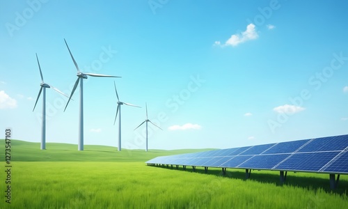 A clean energy farm with towering wind turbines and vast solar panels surrounded by lush green fields under a bright blue sky, representing renewable technology.