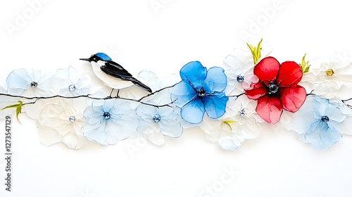 Bird on colorful flowers