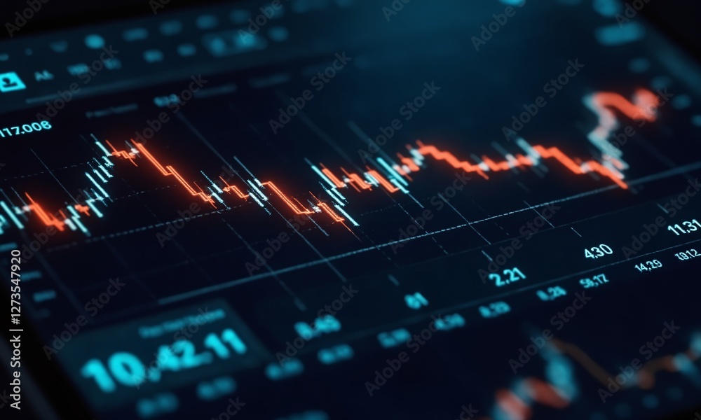 A high-tech financial trading screen with glowing stock market charts, real-time currency exchange rates, and AI-driven analytics in a dark-themed UI. A high-tech financial trading screen with glowing stock market charts, real-time currency exchange rates, and AI-driven analytics in a dark-themed UI.