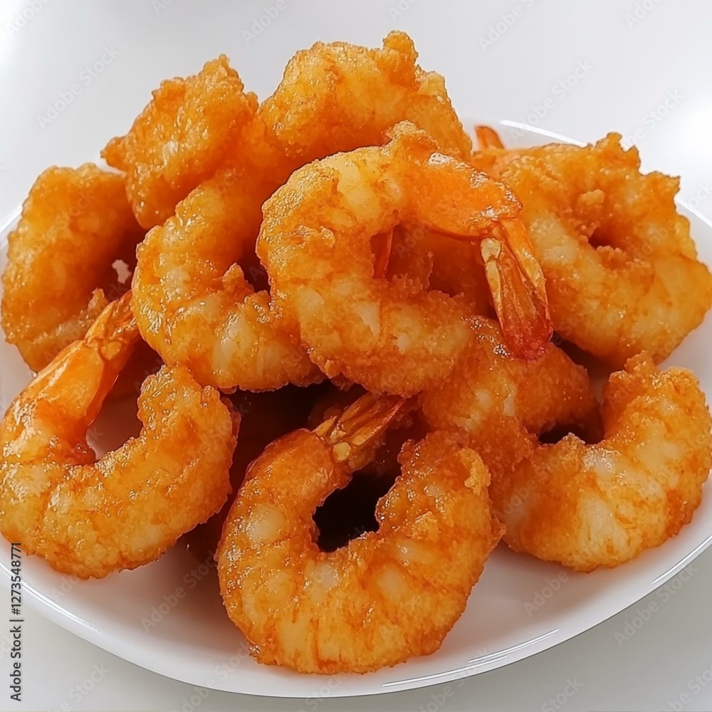 Golden Crispy Fried Shrimp Delight on White Plate Delicious Seafood Temptation Food Presentation Golden Crispy Fried Shrimp Delight on White Plate Delicious Seafood Temptation Food Presentation