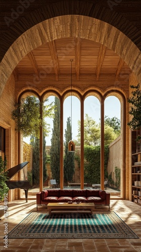 Grand Arched Hall with Elegant Red Sofa Under Pendant Light and Black Piano Near Verdant Garden
