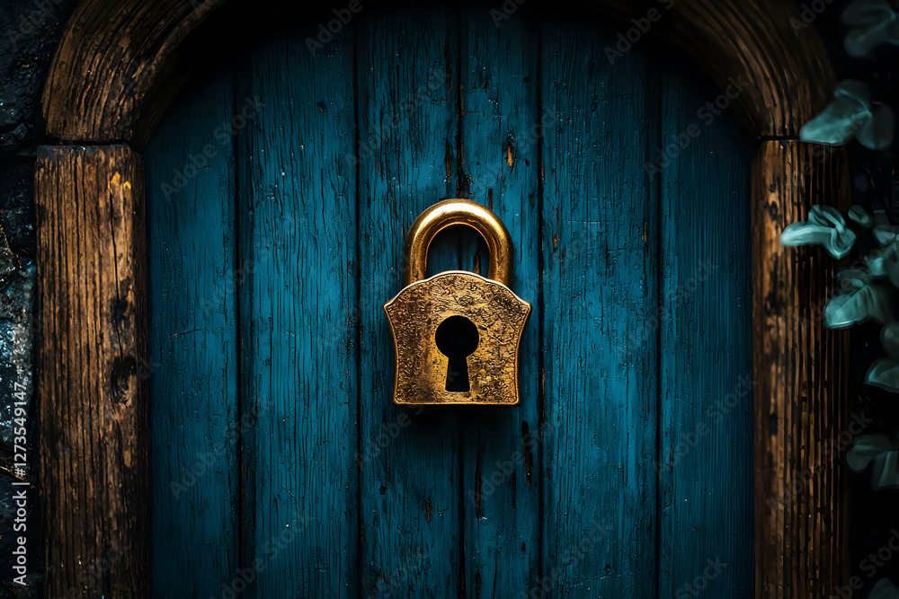 Antique padlock on weathered teal wooden door Antique padlock on weathered teal wooden door
