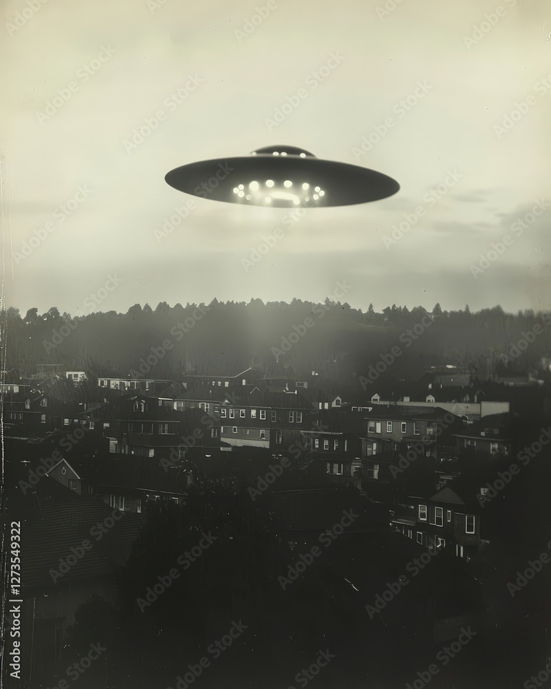 Naklejka premium Vintage UFO hovering over residential homes, a symbol of mystery and the unknown. Ideal for science fiction themes and historical speculation.