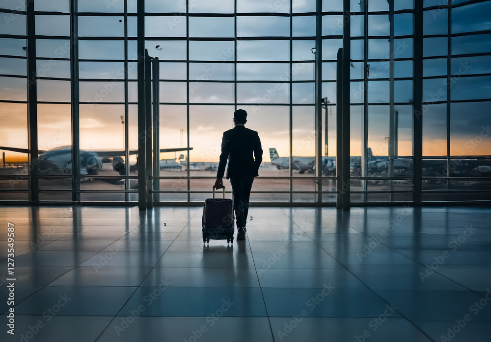 Shenzhen, China - Unknown Date : A traveler with luggage walks through an airport terminal towards large windows overlooking airplanes and a colorful evening sky. Ready for departure or arrival. Shenzhen, China - Unknown Date : A traveler with luggage walks through an airport terminal towards large windows overlooking airplanes and a colorful evening sky. Ready for departure or arrival.