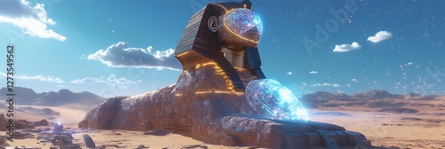 A colossal Egyptian sphinx embedded with glowing crystalline technology projecting holographic shields across a vast futuristic desert