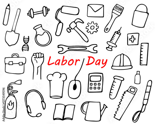 set of labor day doodle elements, hand drawn doodles of different professions