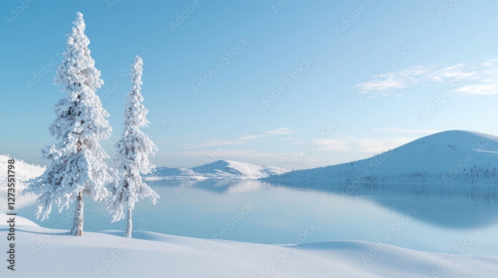 Fototapeta premium Snowy trees by a calm winter lake