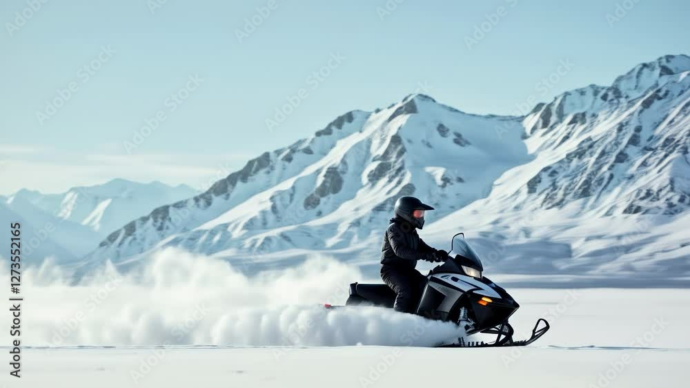 A person rides a snowmobile across a vast frozen lake surrounded by snowy mountains under a clear blue sky A person rides a snowmobile across a vast frozen lake surrounded by snowy mountains under a clear blue sky