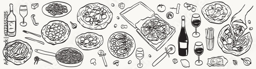 Hand drawn ink doodle food illustration. Sketch style breakfast, brunch or lunch icons. Vector wine glass, pasta, pizza Illustrations for invitations, menus and parties. La dolce vita italian style.