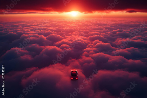 Red car above clouds at sunset. Aerial view. Possible use Stock photo photo