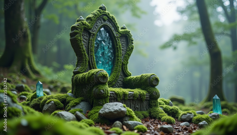 Fototapeta premium Moss-covered throne with crystal in enchanted forest