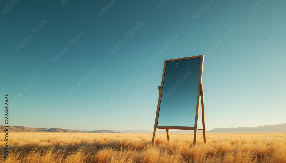 Reflective mirror standing in a golden field under a clear sky Reflective mirror standing in a golden field under a clear sky