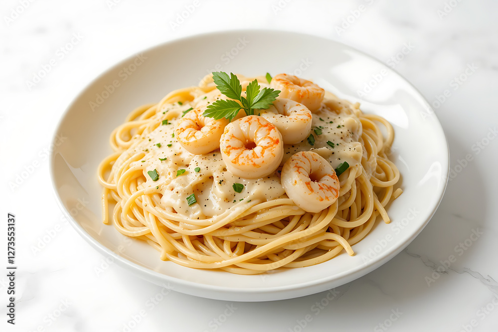 Shrimp Alfredo Spaghetti on White Background Shrimp Alfredo Spaghetti on White Background