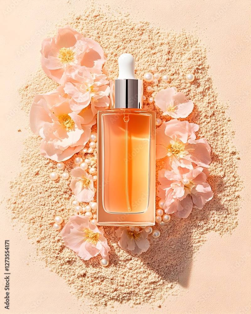 A luxurious facial serum bottle elegantly placed on finely crushed pearl powder, showcasing luminous reflections, smooth textures, and high-end skincare aesthetics.