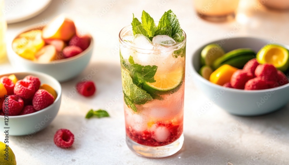 Refreshing raspberry lime and mint summer cocktail with fruit garnish Refreshing raspberry lime and mint summer cocktail with fruit garnish