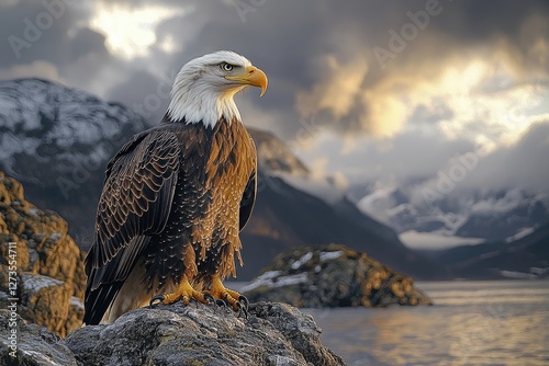 Majestic Bald Eagle Perched on a Rocky Outcrop at Sunset