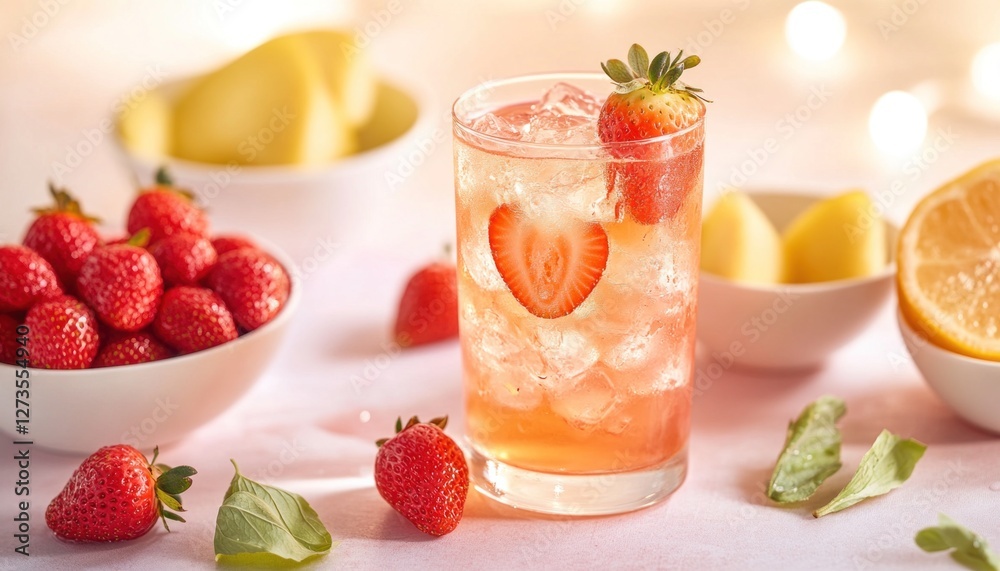 Refreshing strawberry lemonade with ice and fresh ingredients Refreshing strawberry lemonade with ice and fresh ingredients