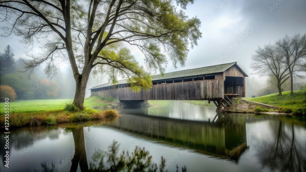 Fototapeta premium Abandoned, ancient, tree-covered bridge spanning a dark, eerie river under overcast skies and thick fog, stillness