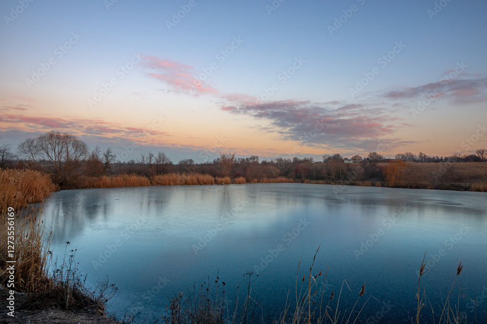 Fototapeta premium Beautiful blue hour on the lake, trees on the beach , sunrise over the lake with blue sky without clouds.Landscape photography on the pond , purple colors on the sky , trees and water , reflections 