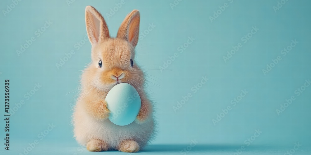 Fototapeta premium A fluffy bunny holds a soft blue Easter egg against a contrasting background, showcasing a charming spring vibe.
