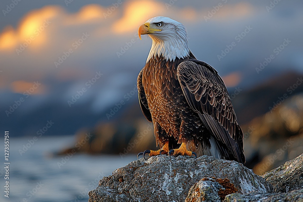 Majestic Bald Eagle Perched on Coastal Rock at Sunset Majestic Bald Eagle Perched on Coastal Rock at Sunset