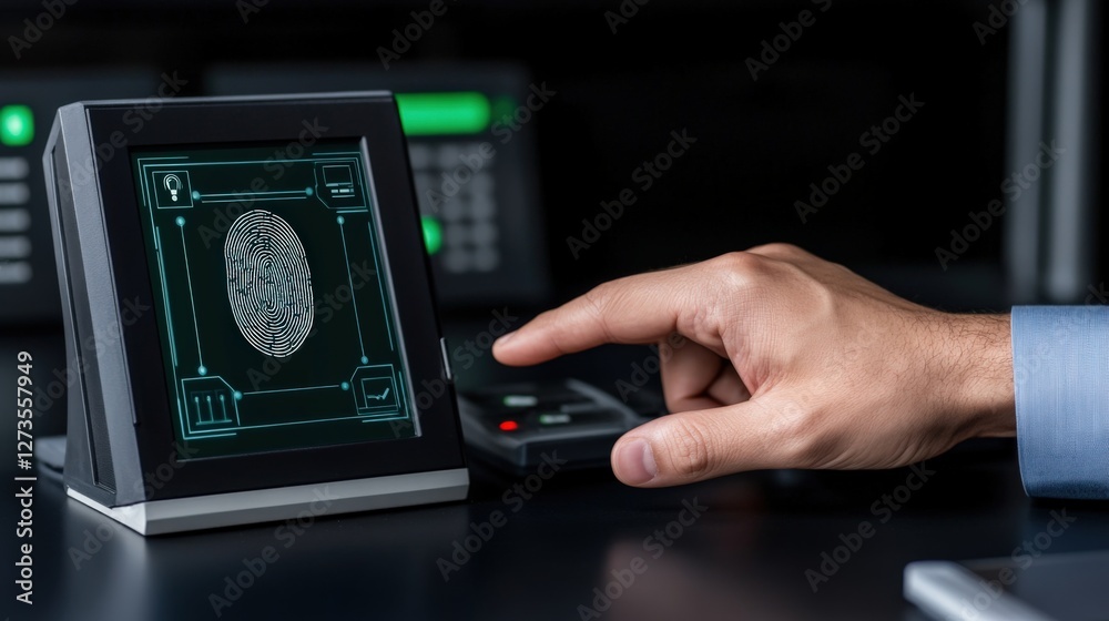 Fingerprint scanner access control system modern office high-tech device digital environment close-up view security concept Fingerprint scanner access control system modern office high-tech device digital environment close-up view security concept
