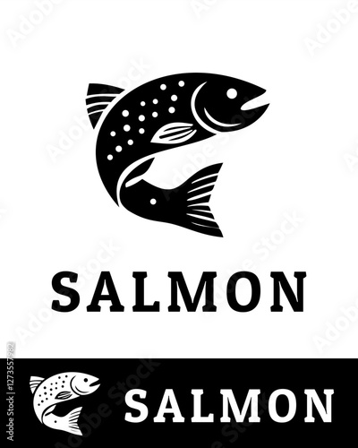 A black and white vector illustration of a stylized salmon fish logo, featuring a fish forming a circular shape with bold lines and dots