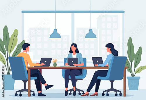 Three people are sitting at a conference table, each working on their laptop. Flat vector illustration